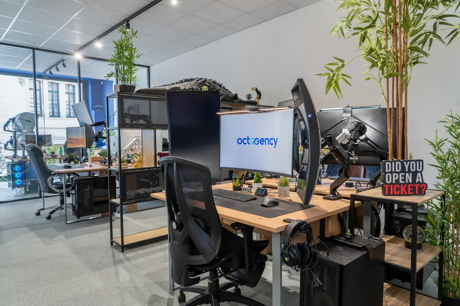 L'open space de l'agence, écrans et plantes